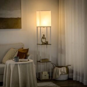 HOMCOM Modern Floor Lamp With Shelves, Fabric Lampshade & Pull Chain Switch - White - B31-317V70WT